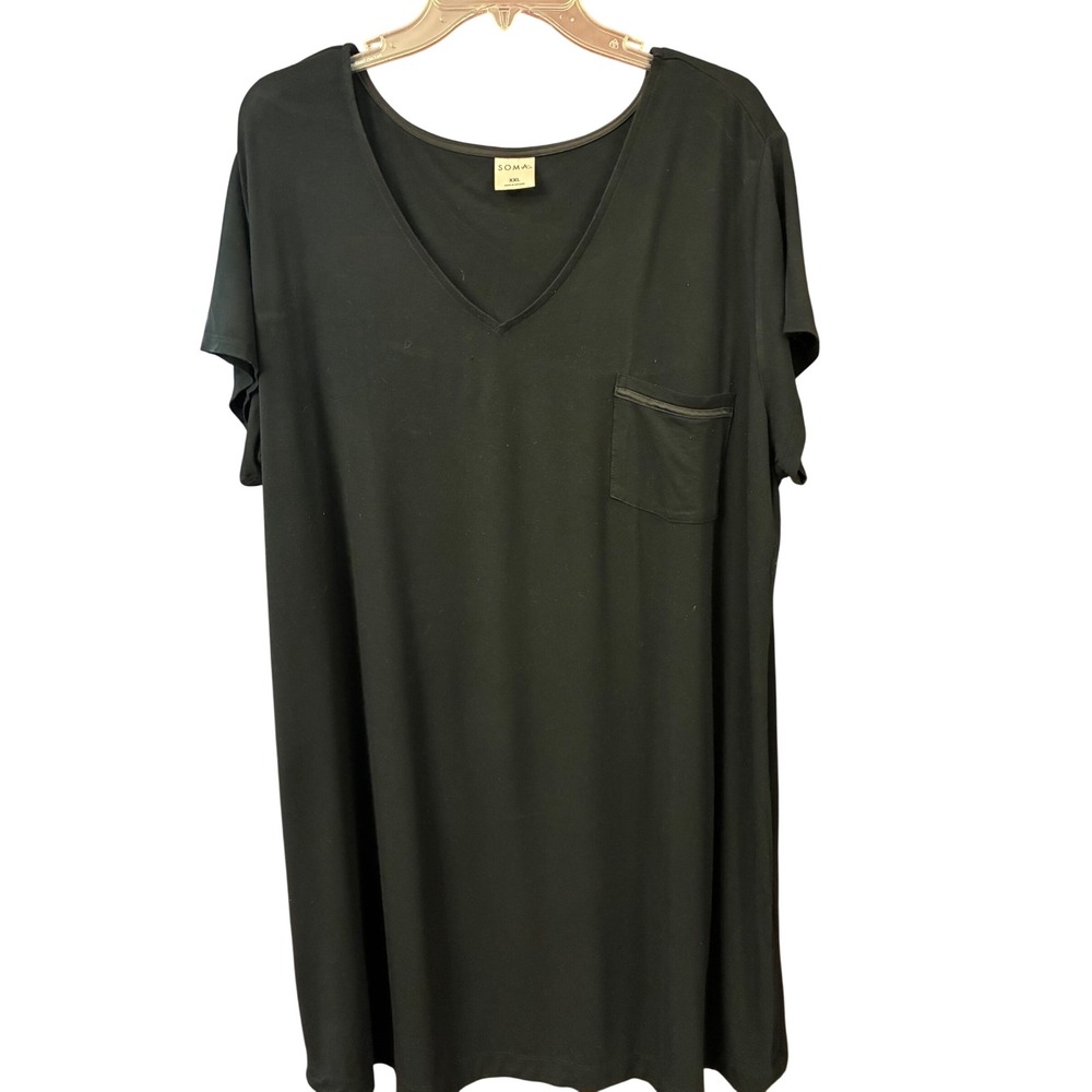 Soma Nightshirt Women XXL Black Excellent V-Neck Pocket Short Sleeve Loungewear